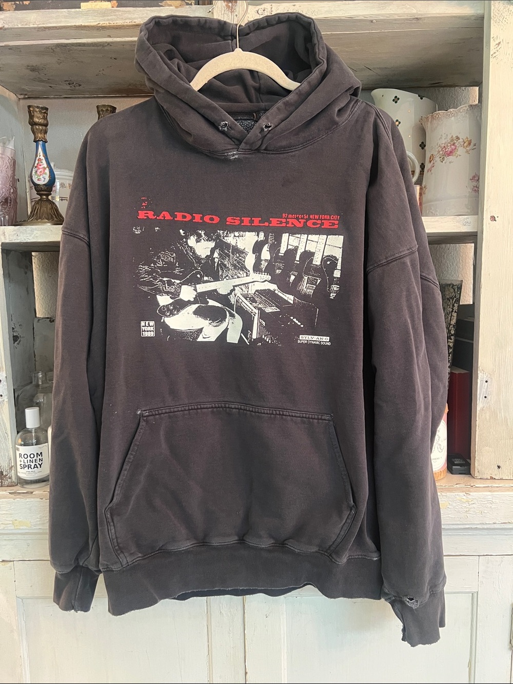 Brandy Melville John Galt Black "Radio Silence" Graphic Distressed Hoodie NEW !!